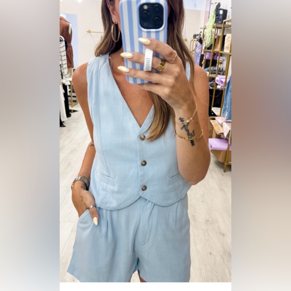 HYFVE Light Blue Sleeveless Button Vest & matching shorts set M